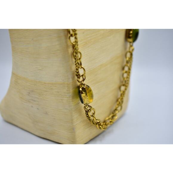 Sparkling Sage Cabochon Station Necklace Crystal Antiqued Gold Tone Chain BinA - Picture 9 of 12